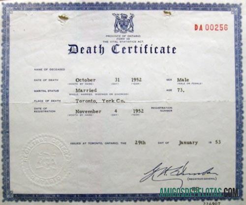 EUA Ontário A Certidão de Óbito do Registro de Estatísticas Vitais baixar para verificação